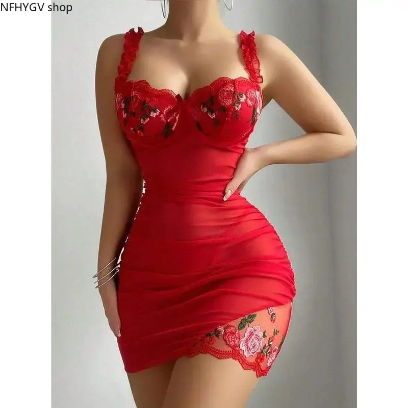 Lady's 2-Piece Sleeveless Nightdress And Thong Set Crafted With Exquisite Floral Embroidery Lace, Lightweight Breathable Fashion Lingerie, Comfortable Loungewear Nightwear Ideal For Nighttime Sleeping And Casual Indoor Styling
