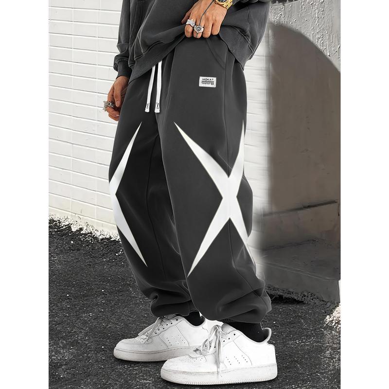 Men's Casual Athletic Joggers - Edgy High Street Trousers with Big White Cross Print, Label Detail, Elastic Drawstring Waist, Cuffed Ankles, Ideal for Skate & Daily Wear, Drawstring Joggers
