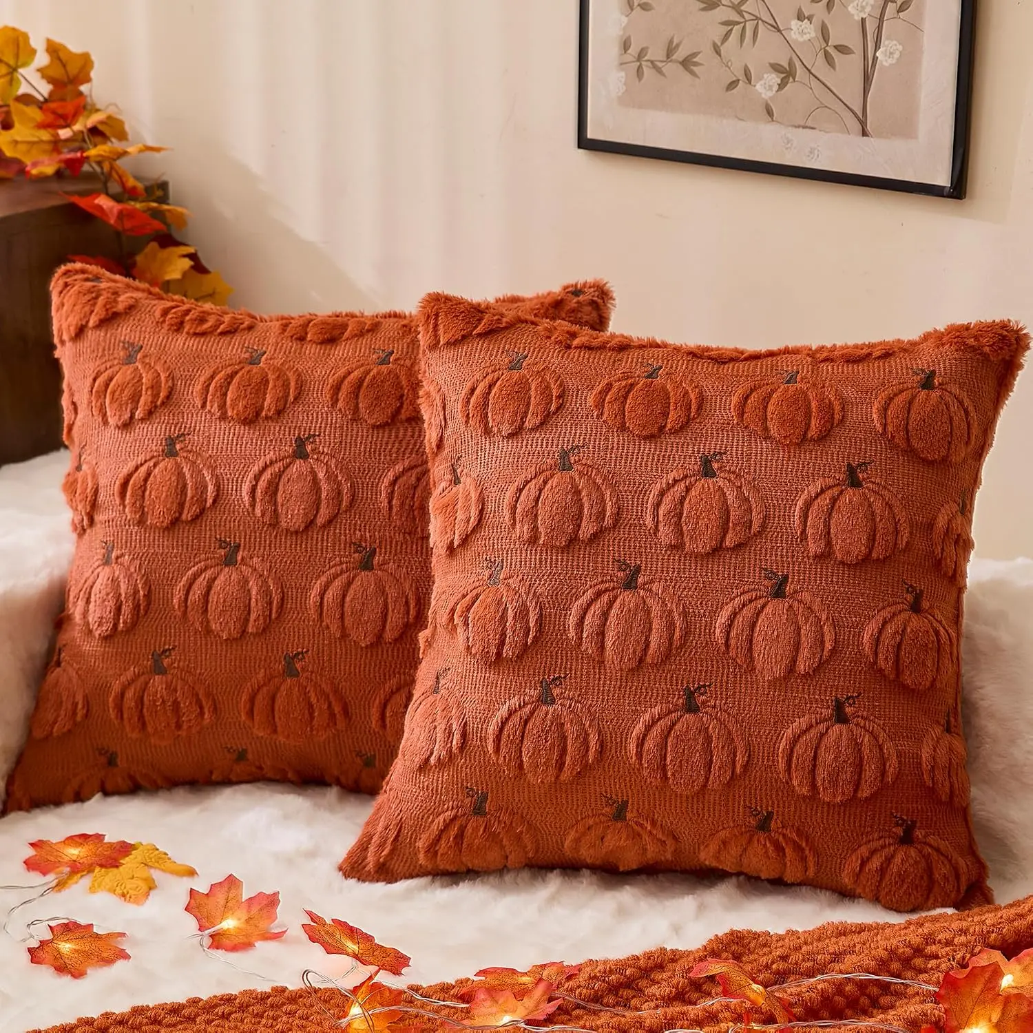 Fall Decorations Pillow Covers 18x18 Set of 2 Rust Thanksgiving Autumn Harvest Pumpkin Decorative Throw Pillow Cases Soft Plush Faux  Cushion Covers for Sofa Couch Bed Chair Living Room Fall Decor