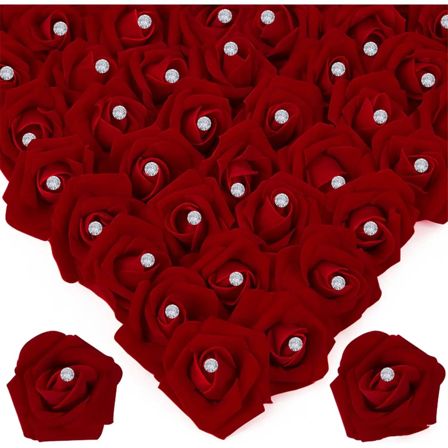 100Pcs Real Looking Burgundy with Diamonds Artificial Rose Flower Heads, Foam Fake Roses for DIY Wedding Decorations Baby Shower Centerpieces Home Party Valentine's Day Mother's Day Decor