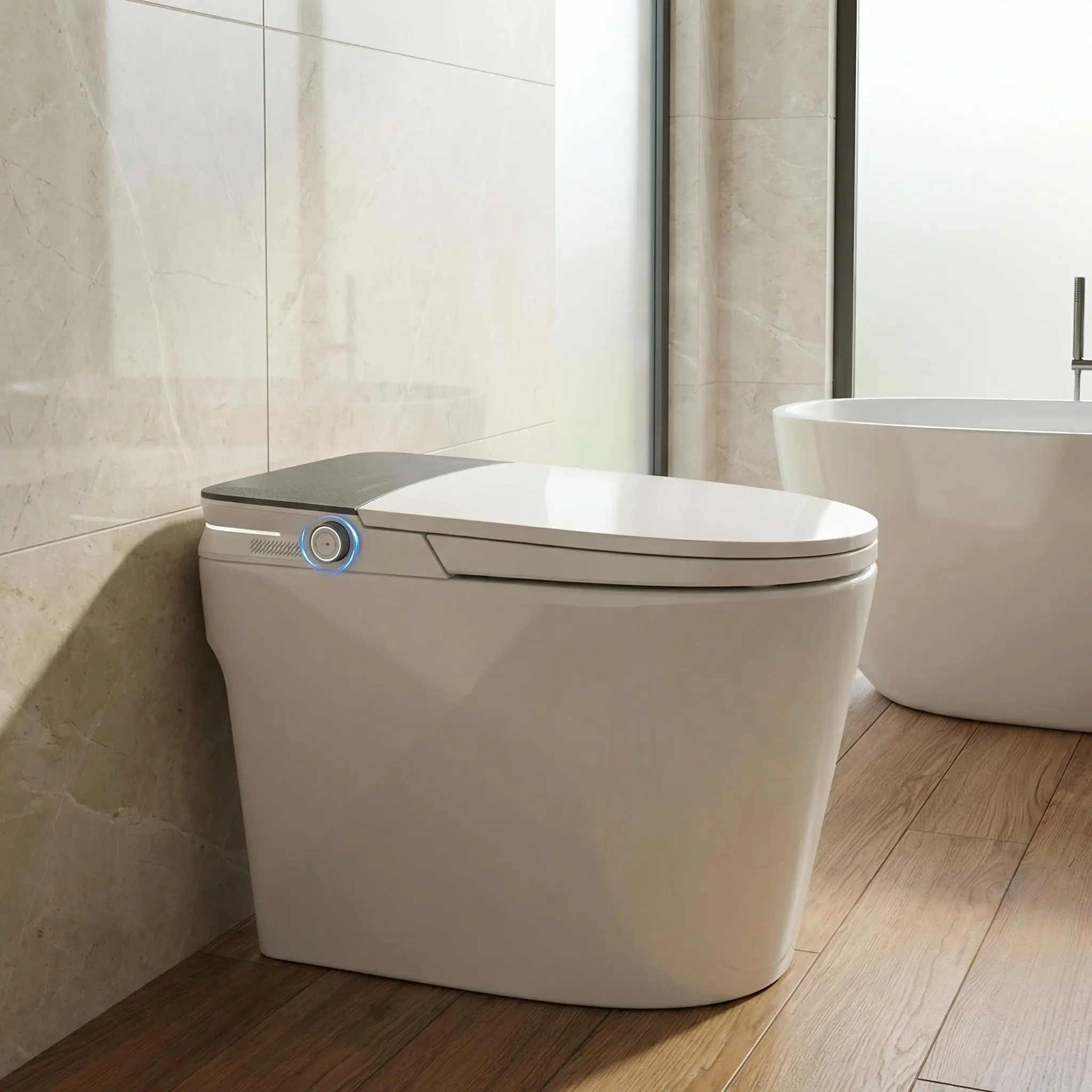 Smart Toilet with Bidet Built in Automatic Flush Touchless Smart Toilet with Foot Sensor Heated Seat Warm Air Dryer Low Water Pressure Pump Eco Siphon Jet One Piece Smart Bidet Toilet ADA Height Elongated Luxury Toilet White Black