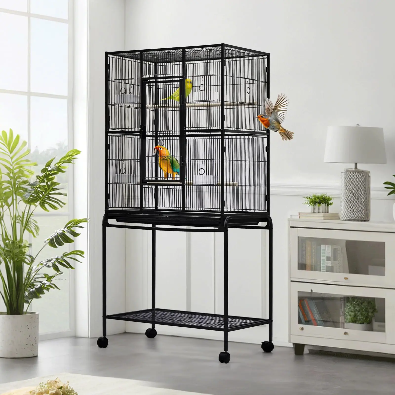 Large Bird Cage with Stand & Detachable Storage Shelf, 62.6 Inch Height Mobile Rolling Parrot Habitat with Brake Casters, Spacious Bird House for Parakeets, Conures, Lovebirds and Cockatiels Indoor Home Use