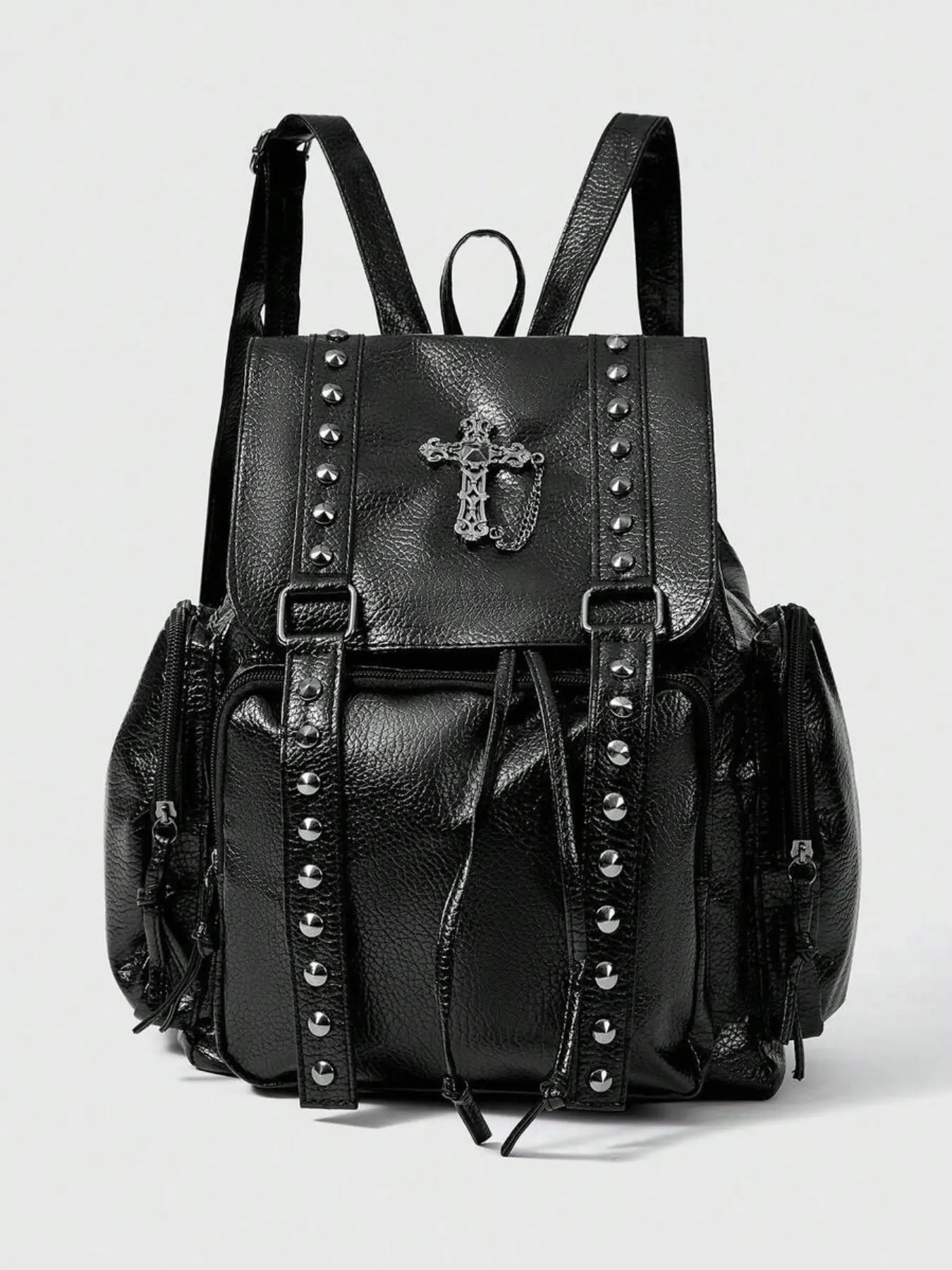 Black punk drawstring flip backpack, Stylish daypack, retro gothic style women's cross rivet backpack, multi pocket large capacity backpack, suitable for campus, daily travel, drawstring rivet casual backpack