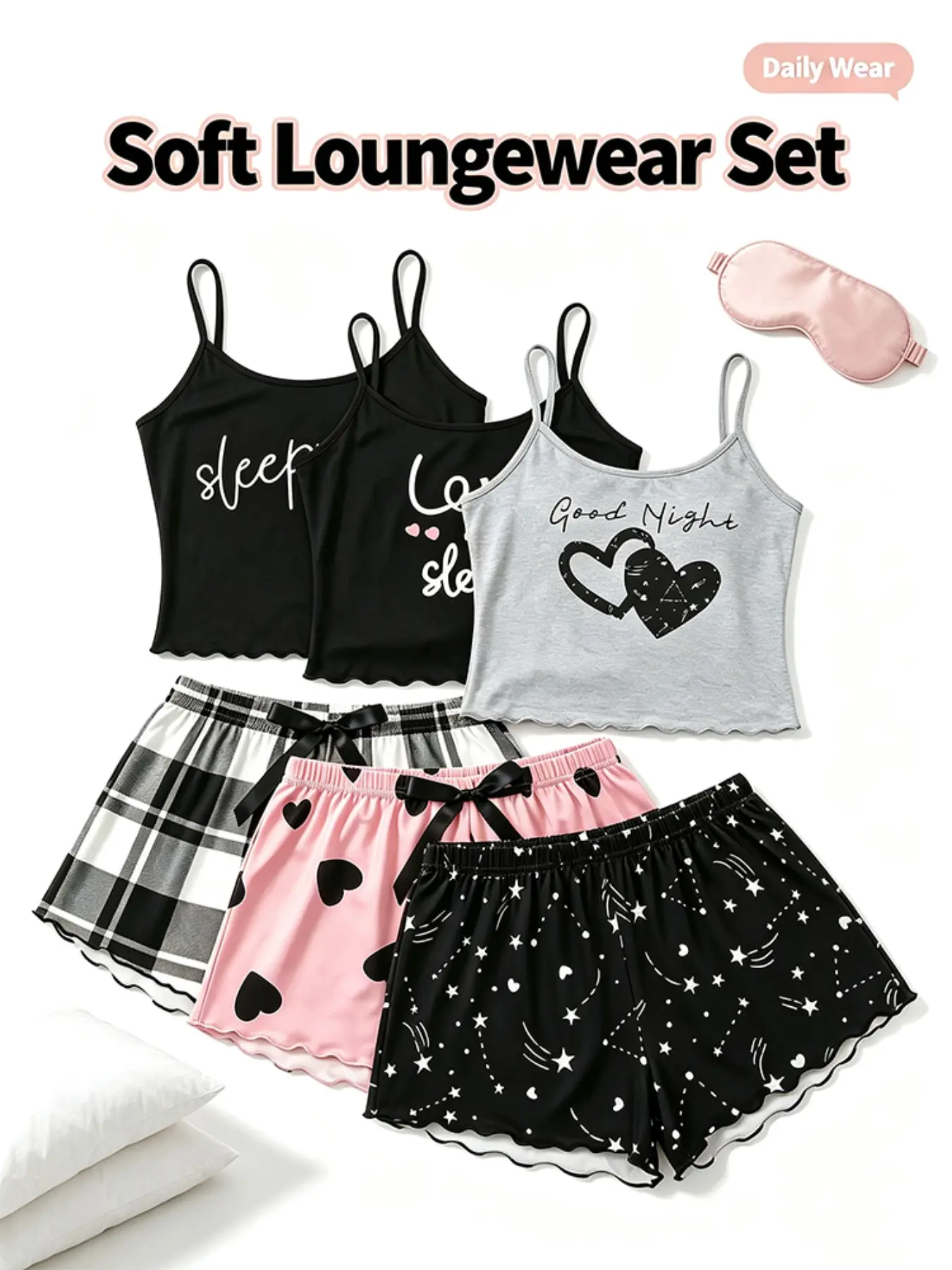6 Piece Set Women's Pajamas Set Heart Plaid Constellation Star Print Black Pink Grey Summer Spaghetti Strap Camisole Shorts Bowknot Waist Ruffle Hem Soft Comfy Cozy Stretchy Sleepwear Loungewear Nightwear Trendy Casual Pjs Sets for Daily Home Wear