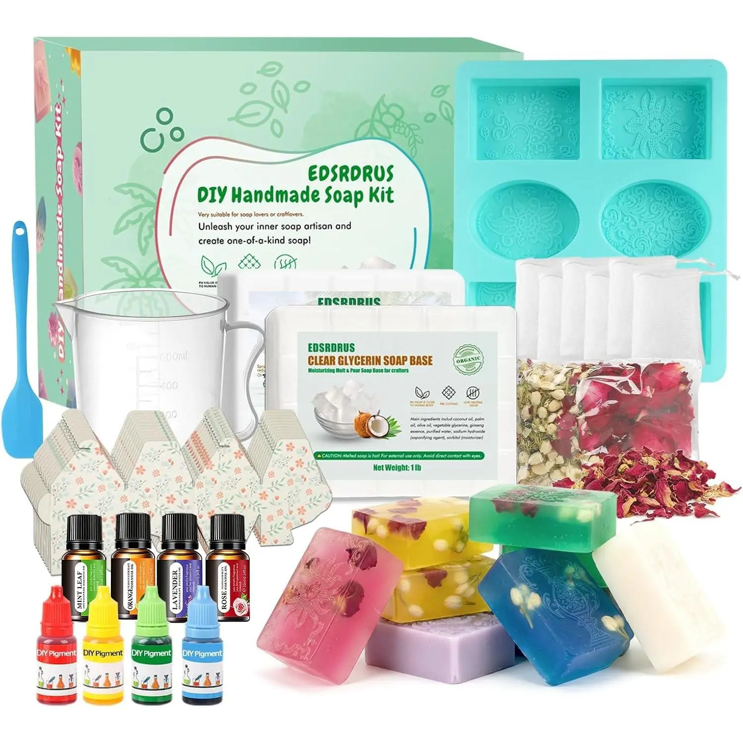 EDSRDRUS Basic Soap Making Kit for Adults - Soap Making Supplies with 2lbs Glycerin Soap Base, Silicone Molds, Dried Petals, Fragrance Oils, Pigments & More - Fun, Easy, Creative DIY Craft Kits