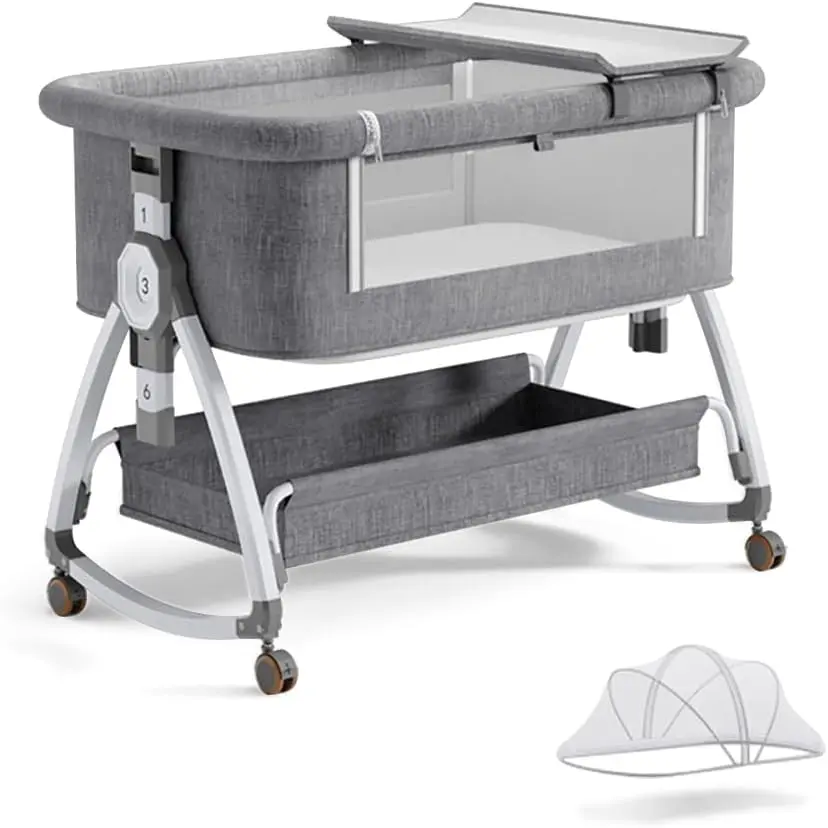 Bassinet, Bedside Bassinet  , 4 in 1 Portable Bassinet Bedside Sleeper with Wheels Mosquito Net & Storage Basket, 6 Height Adjustable Rocking Bassinet  Newborn
