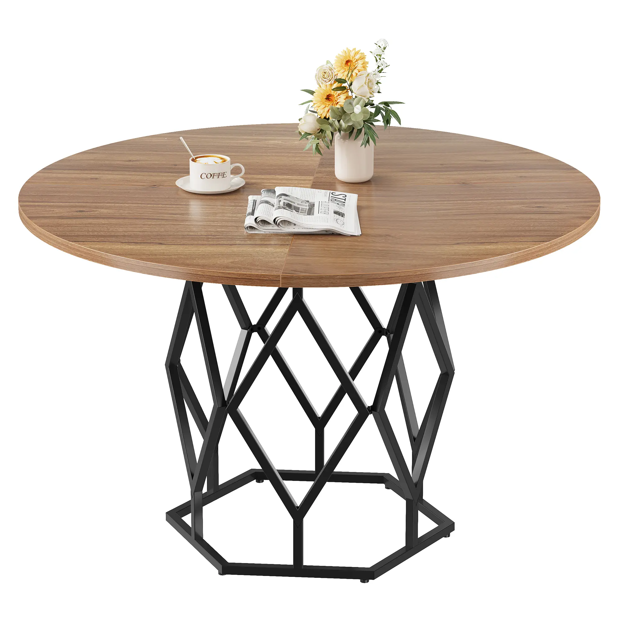 47" Round Durable Farm Style Dining Table - Heavy Duty Iron Pedestal Base (Hexagonal), PB Board Tabletop, 220 lbs Capacity, Seats 4-6, Durable Iron Dining Room Furniture for Home Kitchen, Durable Dining Room Furniture