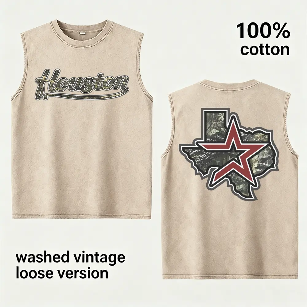 Vintage Washed Houston Texas Graphic Tank Top | Men's Loose Fit 100% Cotton Muscle Shirt Retro Camo State Map Streetwear Beige