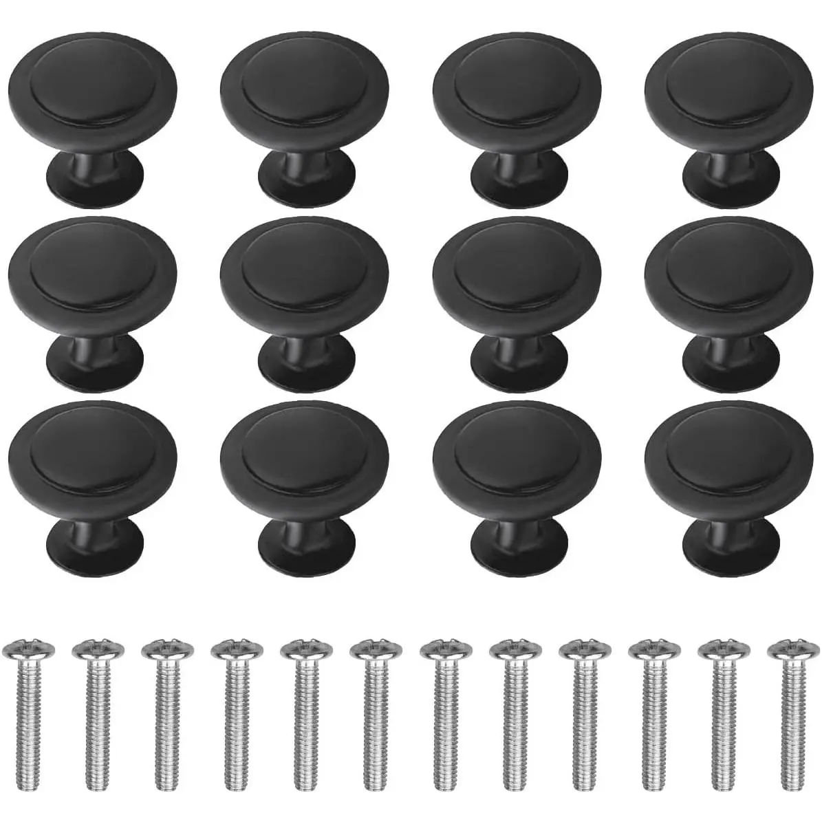 12 Pack Black Round Cabinet Hardware Knobs 1.18 Inch Flat Pulls Knob with Screws for Kitchen Drawer Dresser Cupboard Door Handles Matte Cabinets Pull Bathroom Drawers Handle Modern Pulls Handles