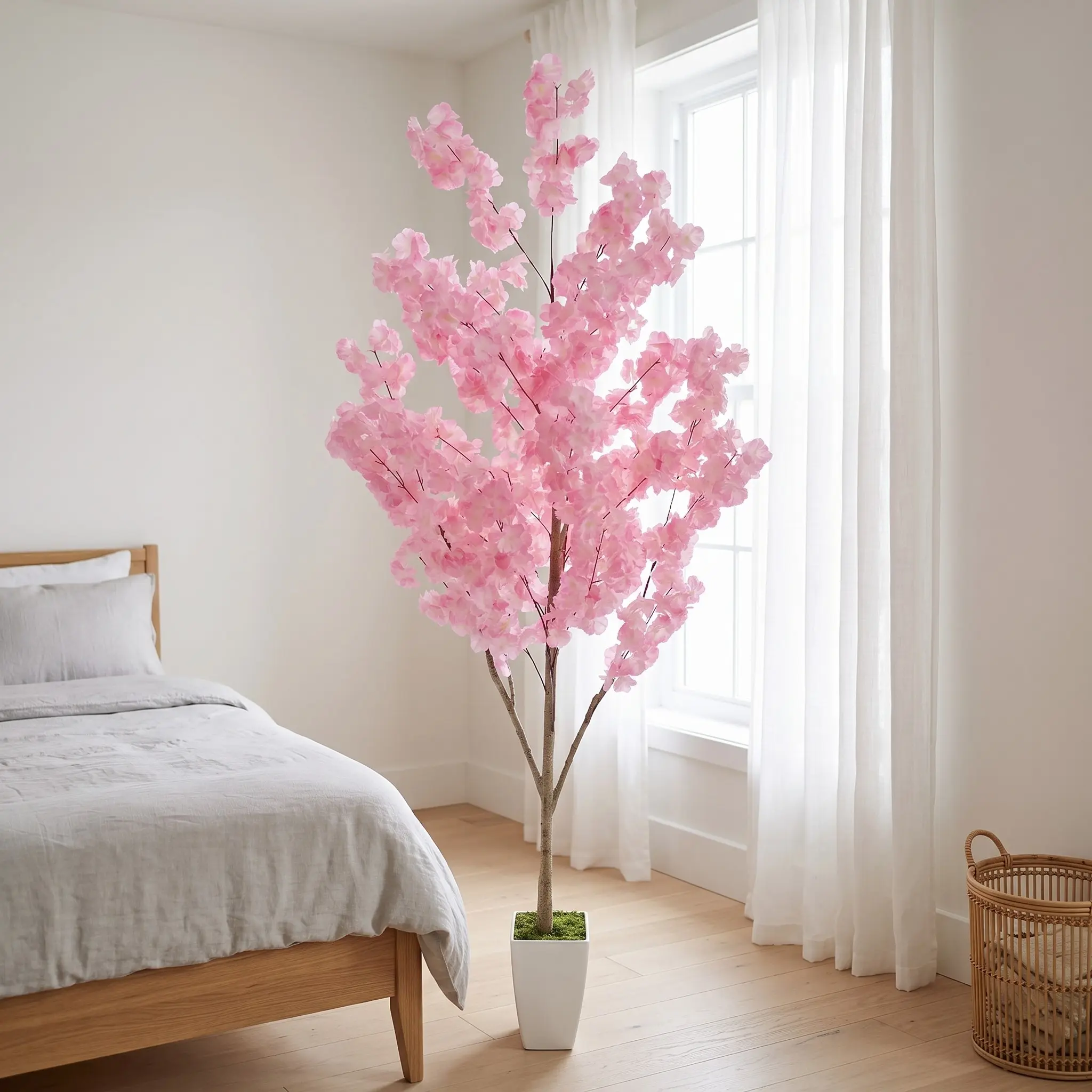 5.2-6.8FT (160-210cm) Pink Artificial Cherry Blossom Tree, Romantic Modern Minimalist Style, Large Multi-Flower Floor Standing Faux Flowering Tree with Pot Realistic UV Resistant Easy Care for Indoor Outdoor Home Living Room Entryway Wedding Party Mall Sp