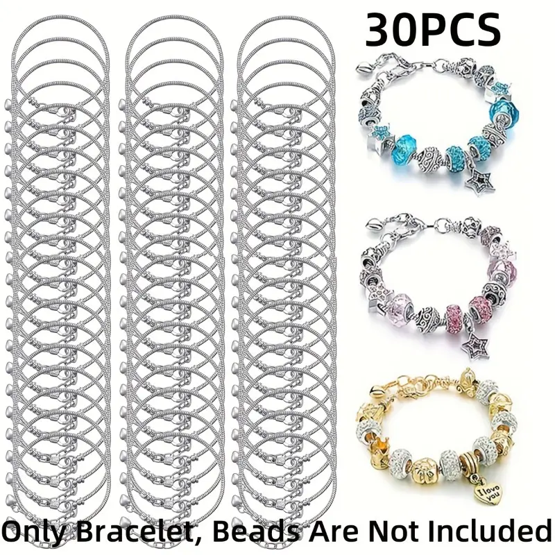 Women's 30pcs Adjustable Silvery Snake Chain Bracelets Matching Set - Casual Daily Wear Unisex Bracelets for DIY Beads Hand Accessories, Holiday Gift
