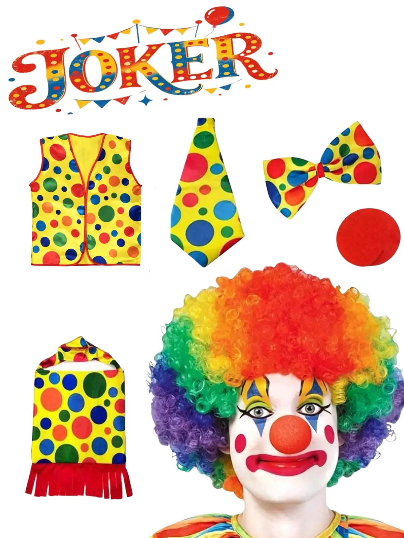 Adult & Kids Clown Costume Set, 6-Piece Includes Polka Dot Vest, Bow Tie, Nose, Rainbow Hairpiece, Perfect for Halloween, Circus, Carnival, Costumes with Accessories