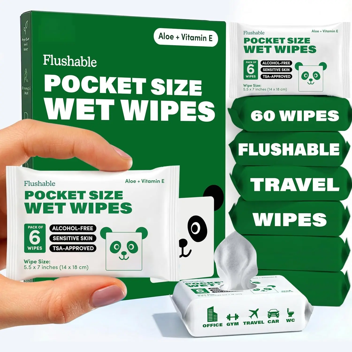 Flushable Wipes Pack Portable Travel Wipes with Aloe – Pocket Size for Adults,  &  Care – 99.5% Water, , Safe for   &  10 Packs × 6(60 )