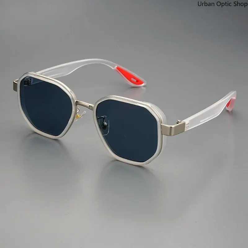 Clear Frame Geometric Polygon Sunglasses With Metal Trim TR90 Lightweight UV400 Anti Glare Dark Lens Non Slip Temple Tips Retro Sport Shades For Driving Fishing Travel Daily Casual Wear Unisex