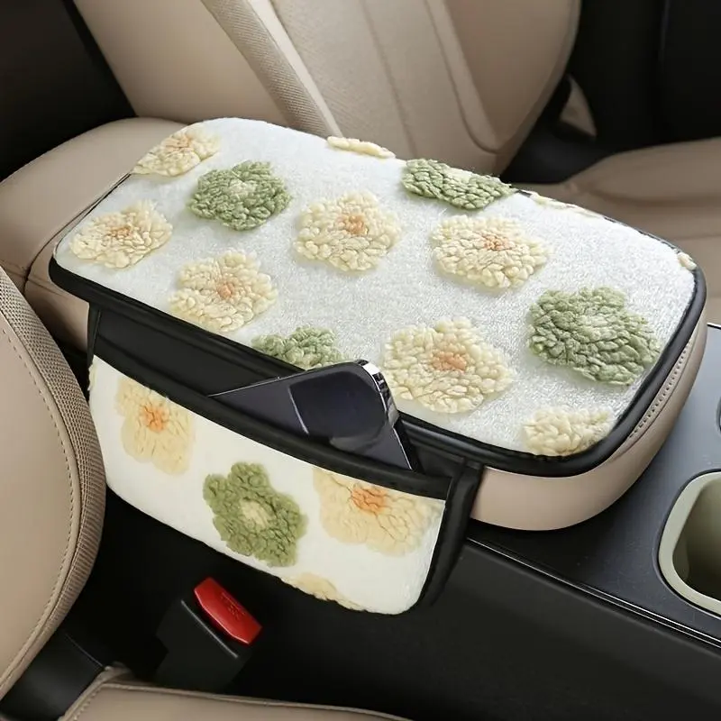 2026 New Floral Print Car Armrest Cover, Soft Warm Fleece Center Console Cushion with Side Storage Pocket, Universal Winter Auto Interior Decor Pad - Car Accessory for Automotive Interior Cushions, Armrest Cover For Car, Car Interior Cushions