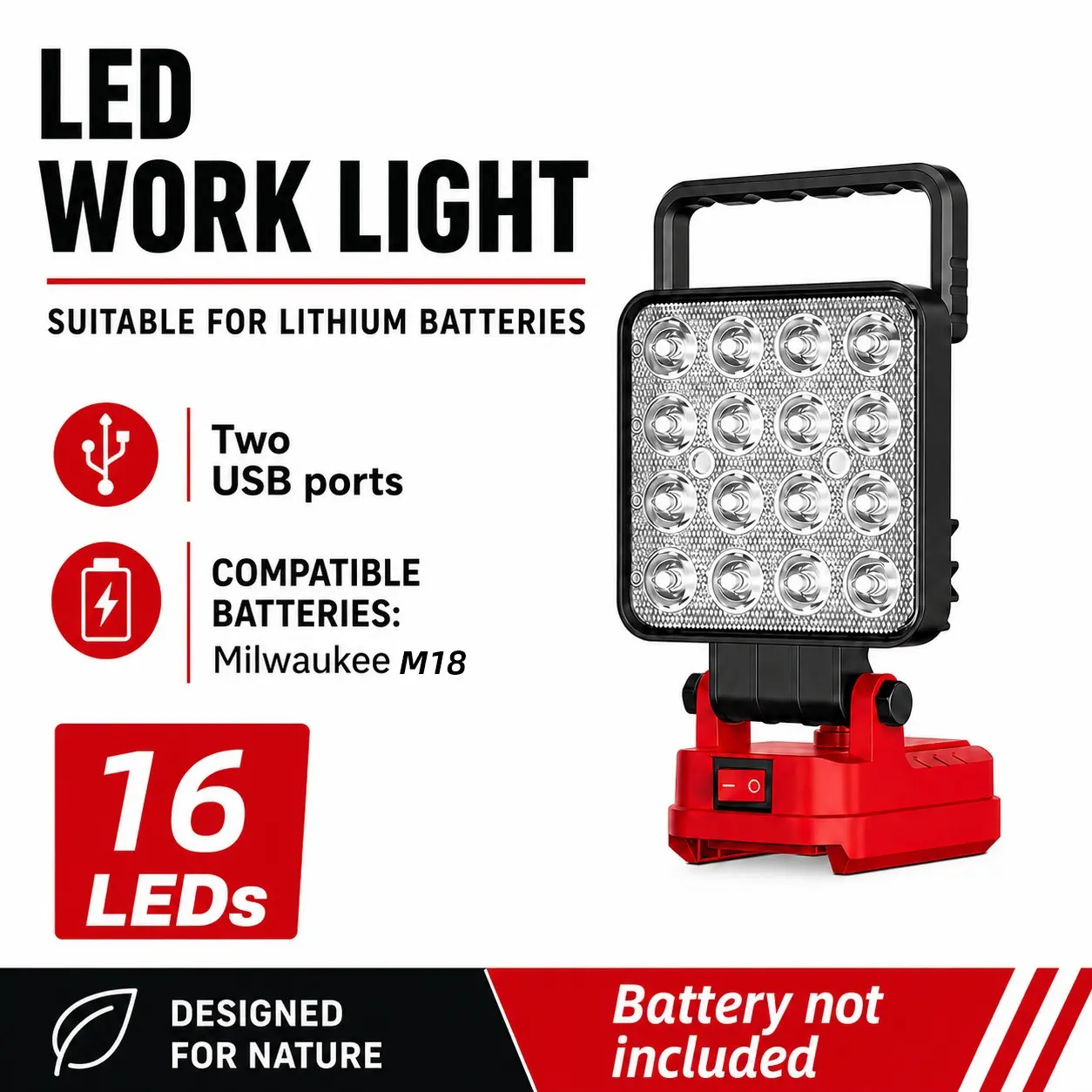 Wireless LED Work Light for Milwaukee 18v Battery, 12w Wide Beam Flood Light, Dual USB Charging Ports, Ideal for Emergency, Workshop, Garage