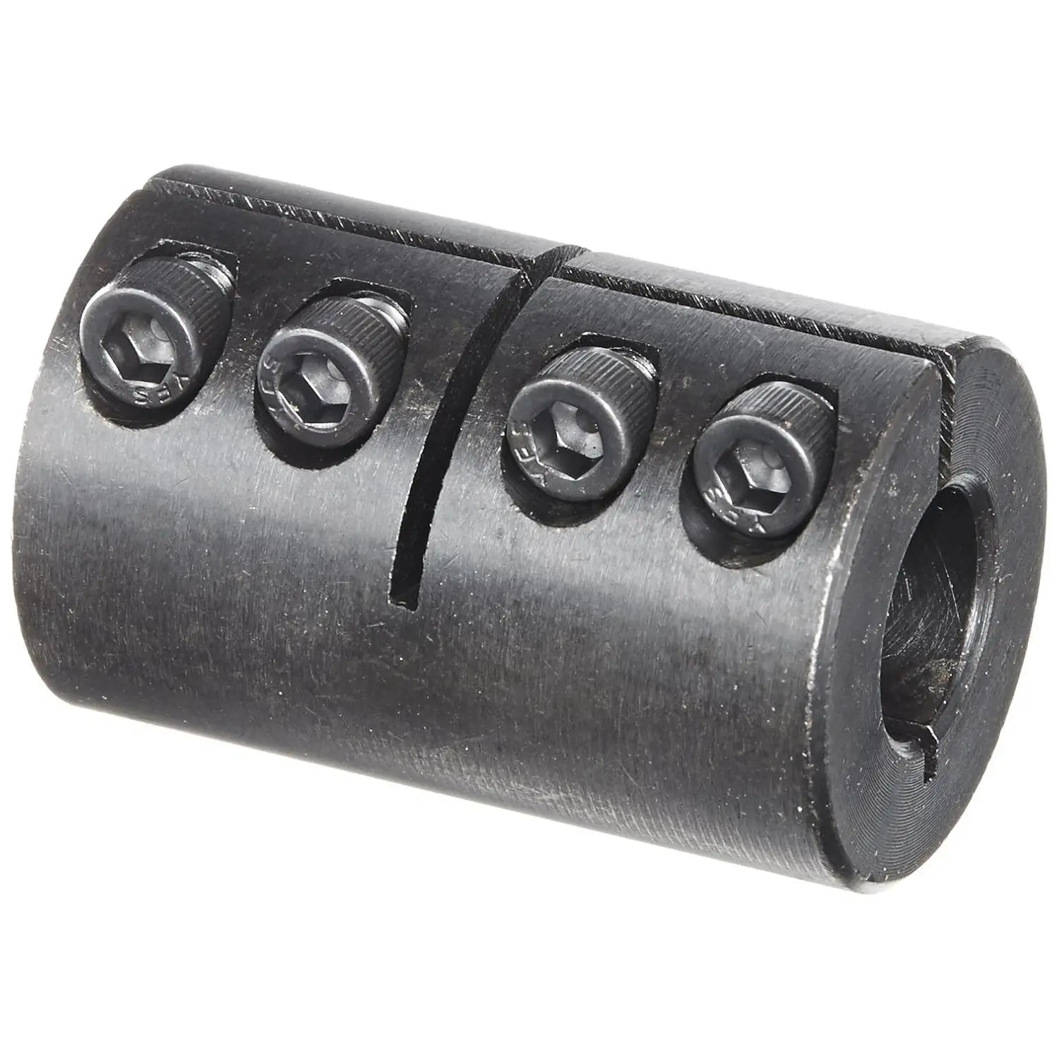 Black Oxide Plated Mild Steel Clamping Coupling, 1/2" x 1/2" Bore, 1-1/8" Outside Diameter, 1-3/4" Length, #8-32 x 1/2" Clamp Screw, Clamp Coupling