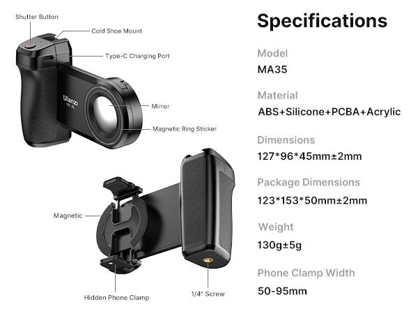 ULANZI Phone Camera Grip MA35, 2-in-1 Magnetic & Phone Clip Camera Grip Handle Holder with Detachable Remote Shutter with Cold Shoe Adapter for iPhone Samsung Smartphone, Vlog Selfie