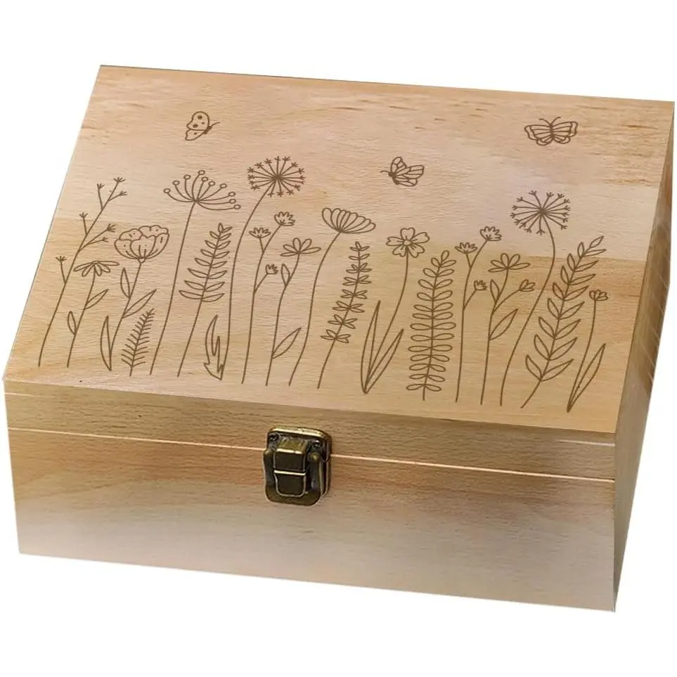 1 count  Memory  Box, Wildflower Butterfly  Memory Box with Hinged  Floral  Chest for Anniversary Birthday Picture Letter Storage 9.6x7.6x4 inch(24.5x19.5x10.3cm)