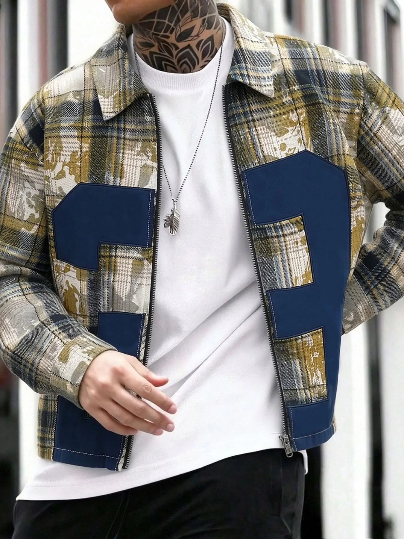 Men's Vintage Plaid Ink Wash Patchwork Jacket, Unique Distressed Blue Plaid, Trendy Patchwork Design, Loose Fit, Street Style Outerwear