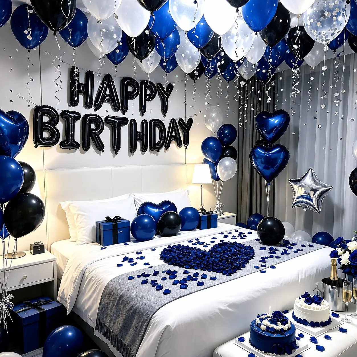 Blue Silver Birthday Party Balloon Decoration Set, Alphabet Aluminum Foil Balloons, Heart Star Balloons, Blue Rose Petals, Room Decorations