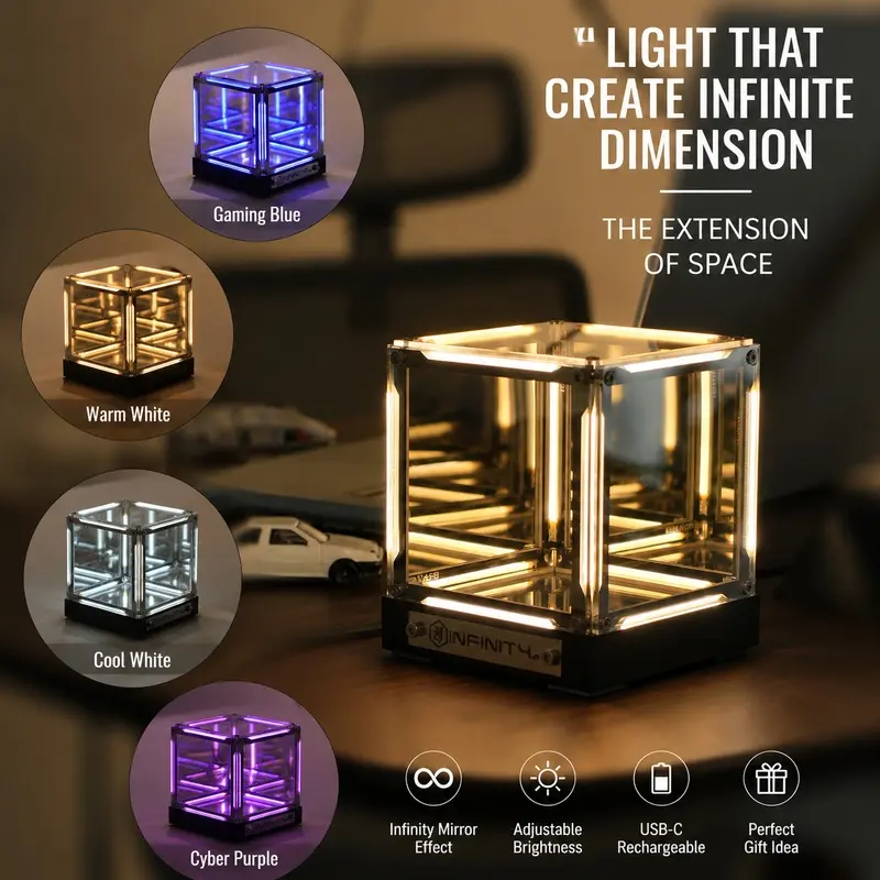 Infinity Mirror Cube Light, 4D Ambient LED Desk Decor with Endless Tunnel Effect, Futuristic Room Light for Gaming Setup, Bedroom and Tech Gift