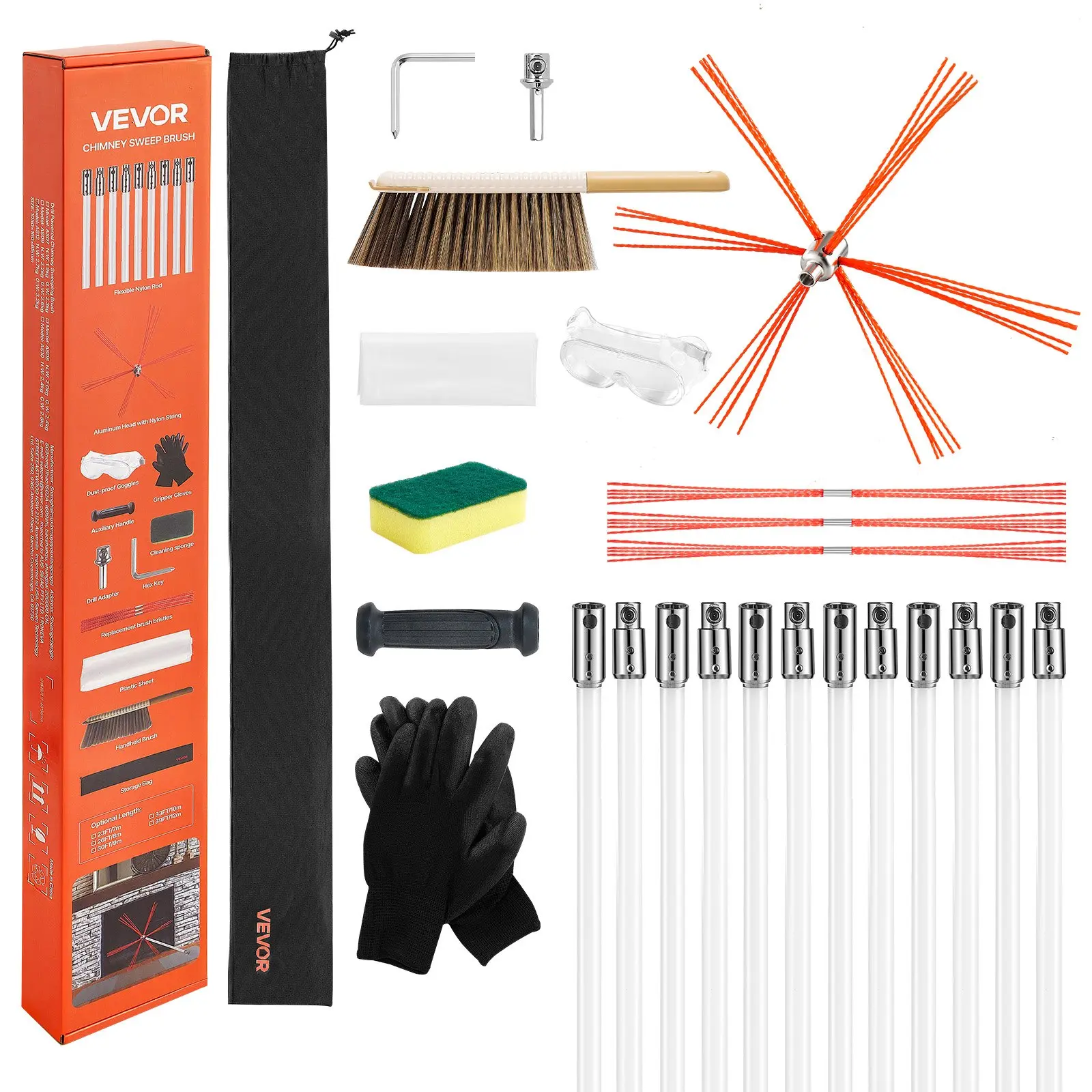 VEVOR Chimney Sweep Kit, 39 ft Maximum Extendable Length Chimney Sweep, Chimneys Cleaning Kit with Bristle Replacements Goggles, 90 Bendable Fireplace Cleaning Tool, for Square, Rectangle Chimneys