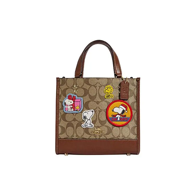 Coach x Peanuts Snoopy Dempsey 22 Tote Bag for Women, Classic Monogram Style in Brown Leather