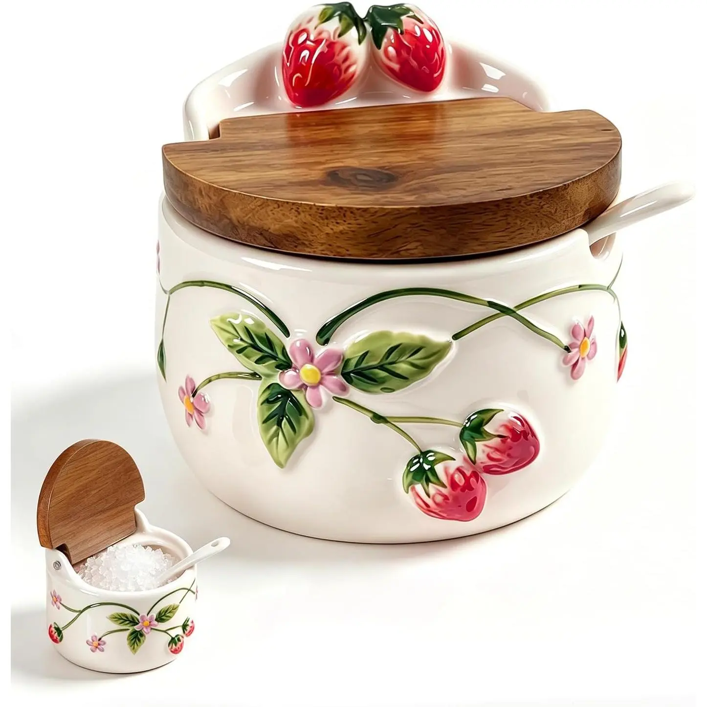 Salt Cellar, 13.5 oz Ceramic Salt Cellar with Lid and Spoon - Strawberry 3D Relief Design Seasoning Jar with Acacia Wood Lid, Suitable for Salt, Sugar, Pepper - Kitchen Countertop Storage Container