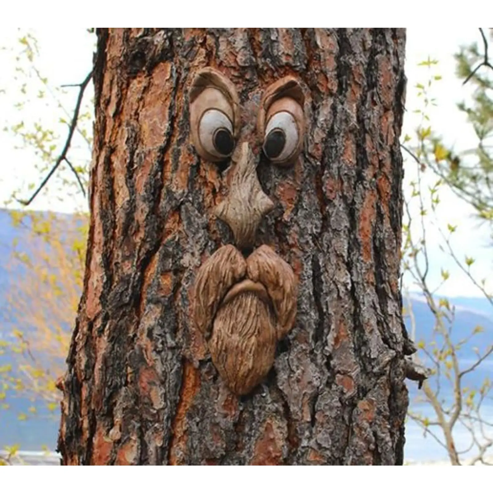 Bark Look Resin Tree Face Decor, Old Man Forest Spirit Tree Hugger Sculpture, Outdoor Yard Patio Ornament for Halloween Easter Garden Decoration