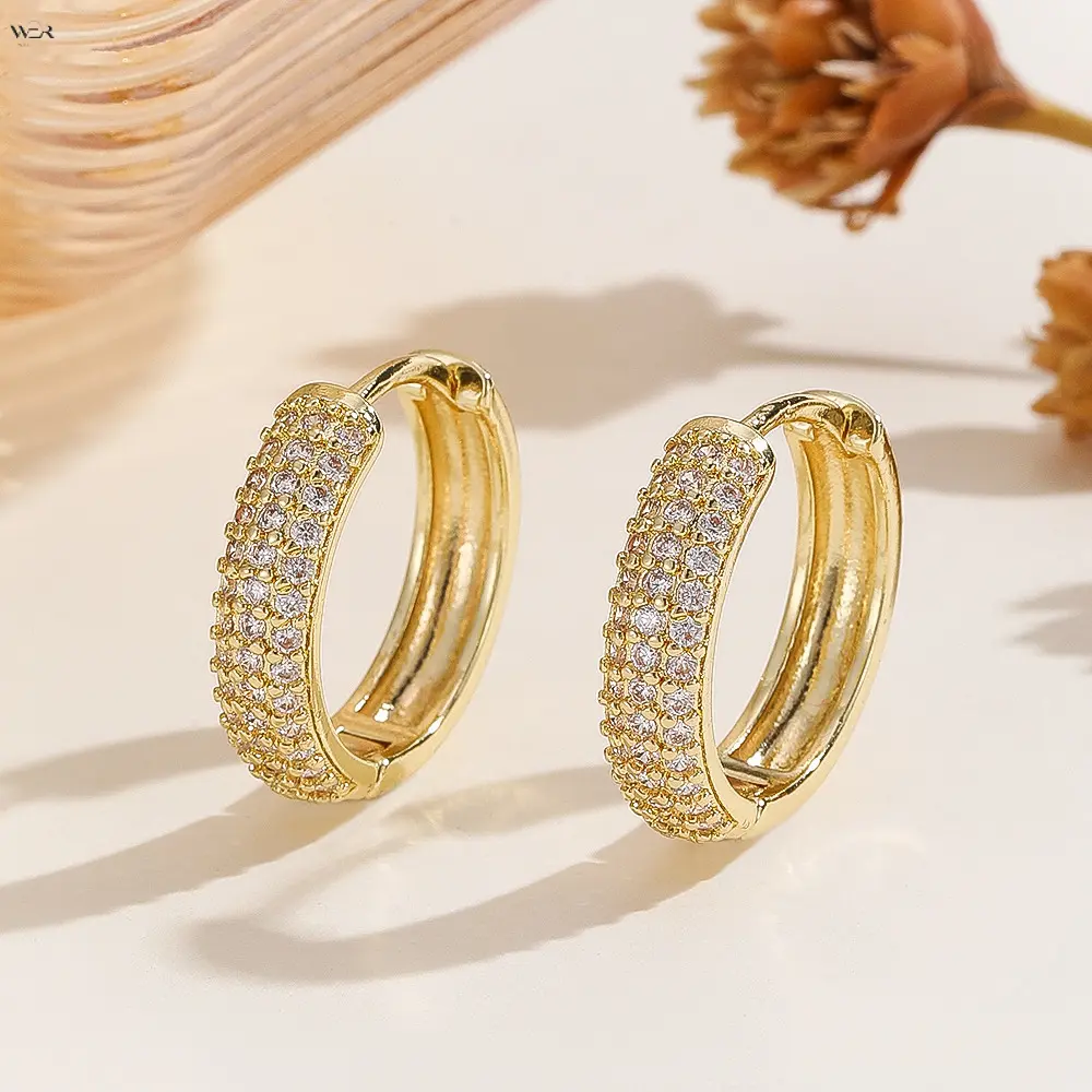 Full Pave Cubic Zirconia Chunky Huggie Hoop Earrings for Women, 1.9cm Small Thick Crystal Circle Hoops, Gold Silver Two Tone Sparkly Minimalist Daily Pierced Ear Jewelry