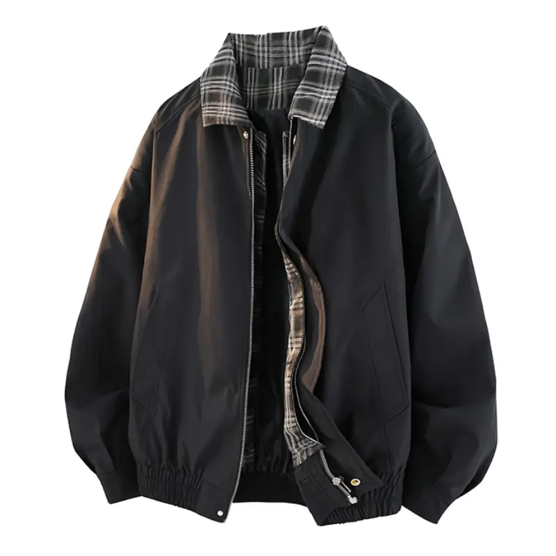 Men's Plaid Collared Long Sleeve Bomber Jacket - Zip Up, Elastic Ribbed Hem, Diagonal Seam Pockets, Oversized Drop Shoulder, Lightweight Windproof Fabric, Vintage Retro Casual Coats Tops for Spring & Fall, Machine Wash, Comfortable, Polyester, Menswear, S