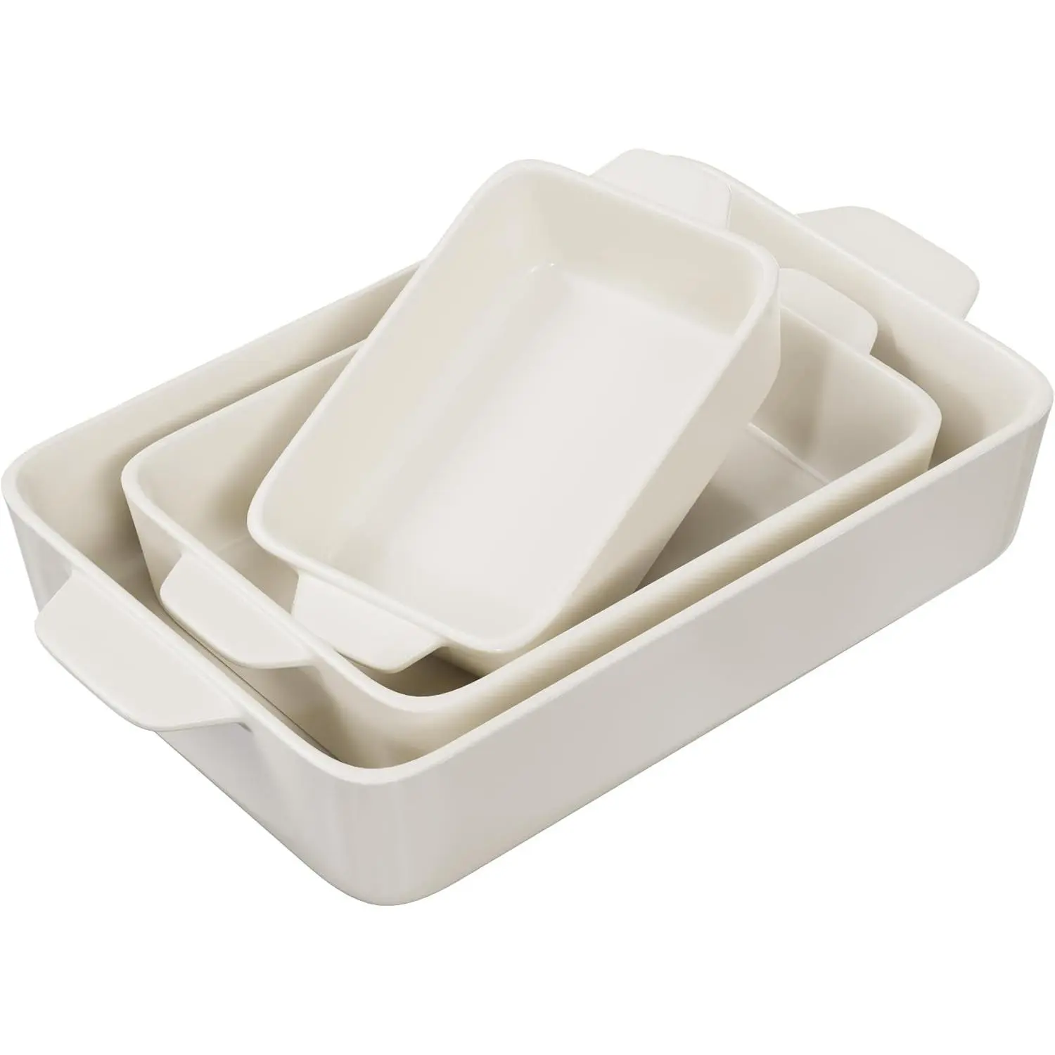 Kook Ceramic Bakeware Set, Rectangular Baking Dishes, For Casseroles, Lasagna, Cake, Small, Medium & Large Pans, Microwave & Dishwasher Safe, Set of 3, (Ivory)