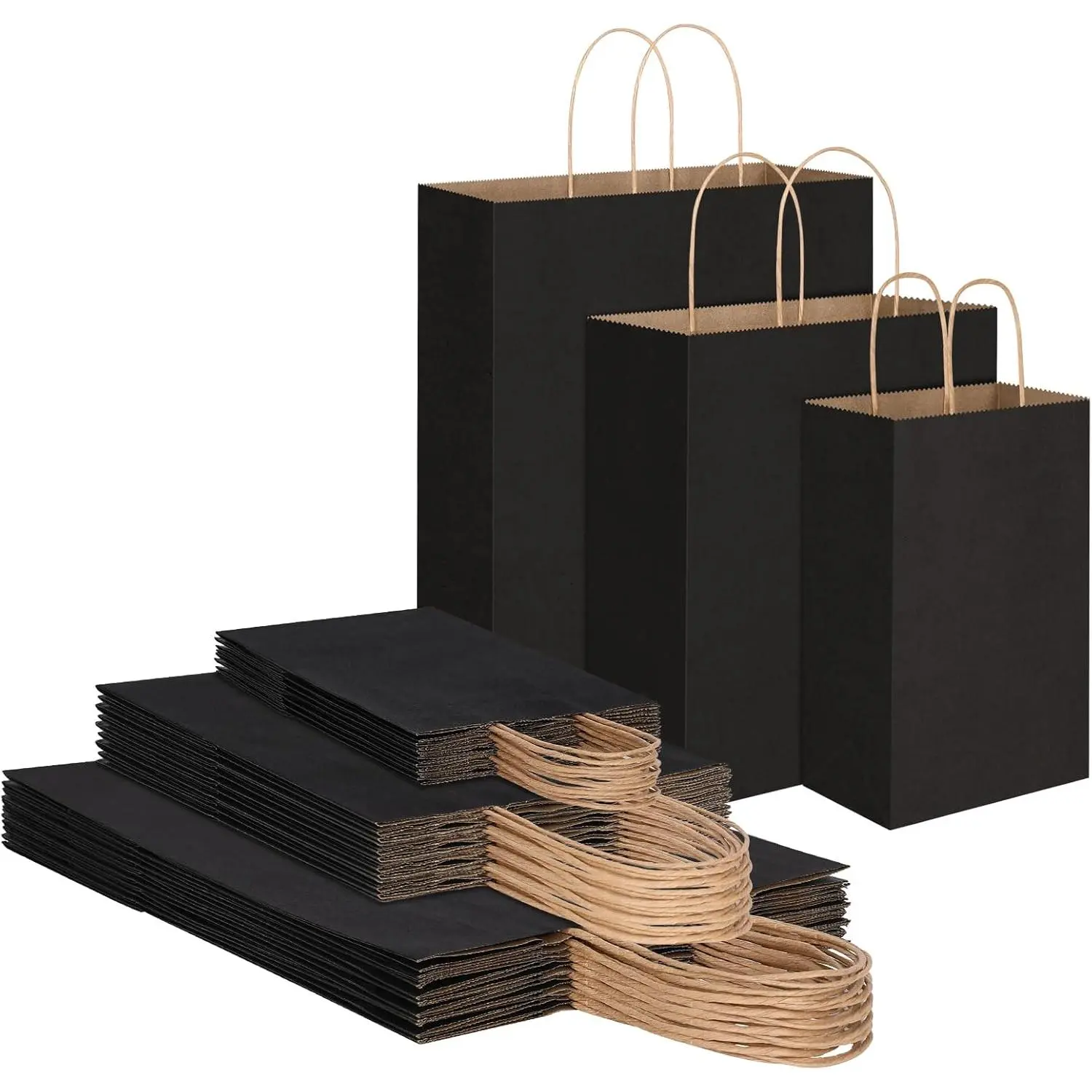Sturdy Biodegradable Multi-Size Black Paper Bags with Handles Bulk - 90-Pack, 3 Sizes, Blank Surface Holiday Office Stationery Supplies & Wedding Favor Gift Wrapping Bags, Recycled
