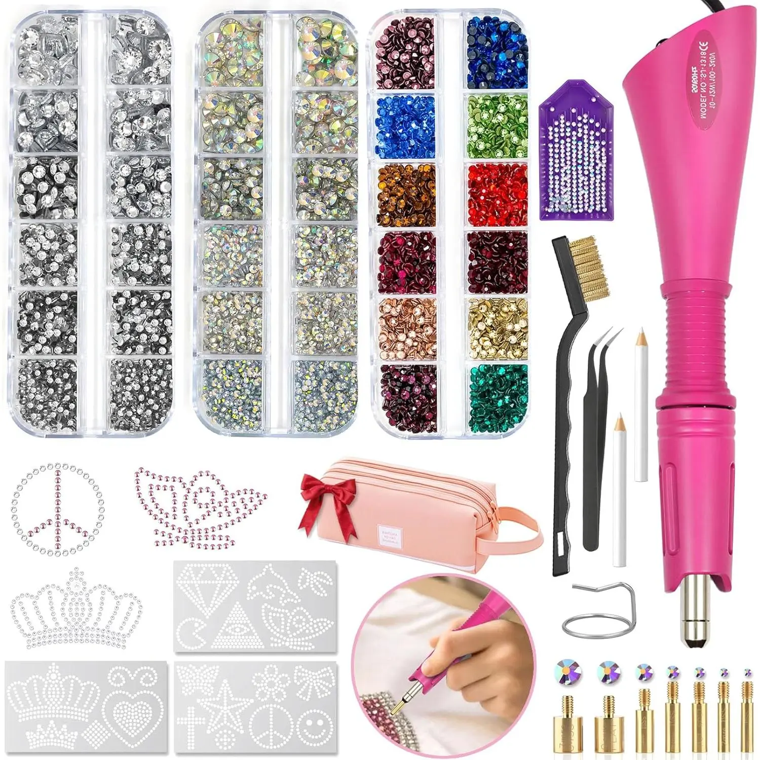 Hotfix Rhinestones Applicator Kit Set 4500 Pcs Crystals (White/AB/Multi-Color) - Bedazzler DIY Craft Includes 19 Pattern Templates, Tweezers, Brush, Bag - for Clothes,, Jeans (Pink)
