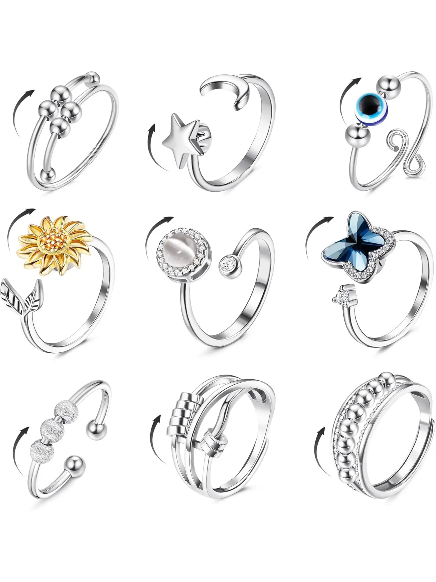 9Pcs Adjustable Anxiety Fidget Spinner Jewelry Rings for Women Men, Rotatable CZ Flower Moon Star Open Stress Relief Rings, Ideal for Daily Office Travel School Wear
