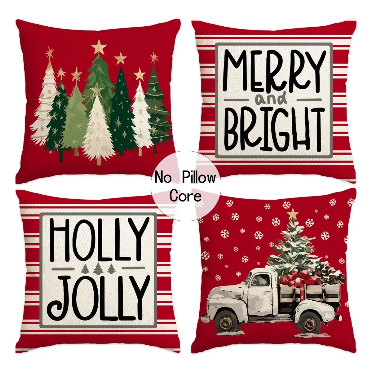 4pcs Christmas cushion covers 18x18inch, joyful and bright holly Christmas tree retro truck snowflake sofa cushion covers, farmhouse winter vacation decoration room living room pillow covers, used for Christmas family party decoration (no pillow core)