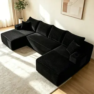 134" Black Plush Sturdy Comfy Cloud Sectional Sofa - U-Shape Chaise, Side Pockets, Cup Holder, Modern Modular Deep Seating Upholstered Couch (133.50x66.00x26.00in, 5-Seat Fabric Foam Spring, No Assembly) for Living Room, Comfy Couch