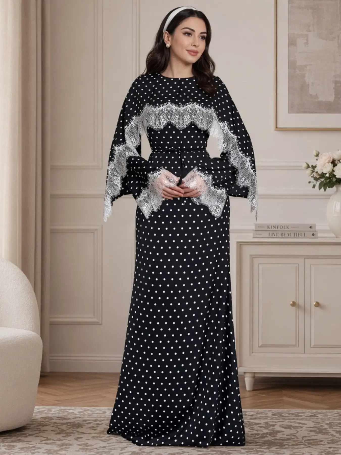 Sheer Lace Overlay Cape Sleeves Satin Long Dress, Elegant For Muslim Robe, Islamic Muslim Clothing, Evening Daily Commute Solid Color Fitted Dress with Zipper & Straps