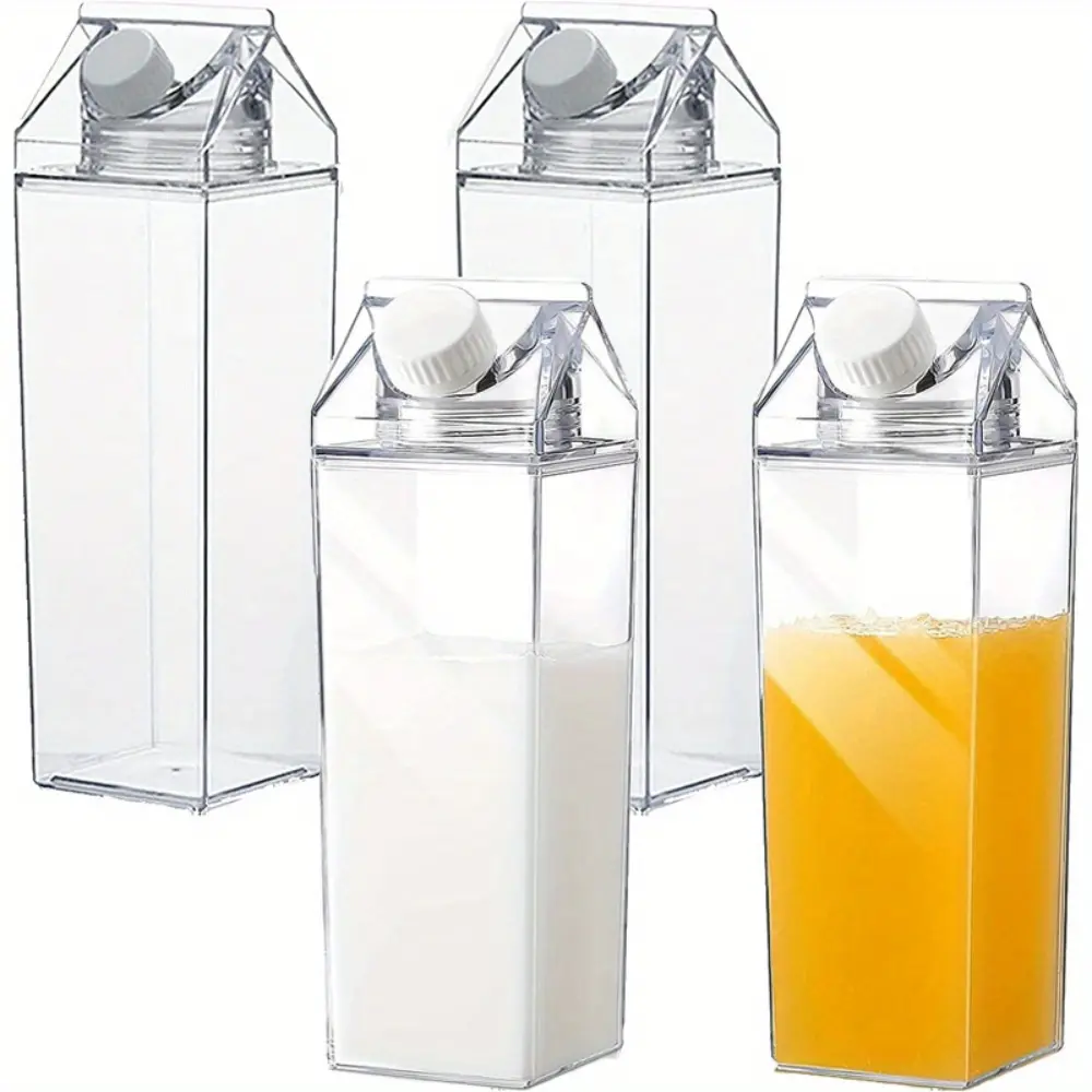 4 transparent milk boxes, 17 Oz transparent portable milk box water bottle, square juice bottle, suitable for outdoor sports, travel and camping activities