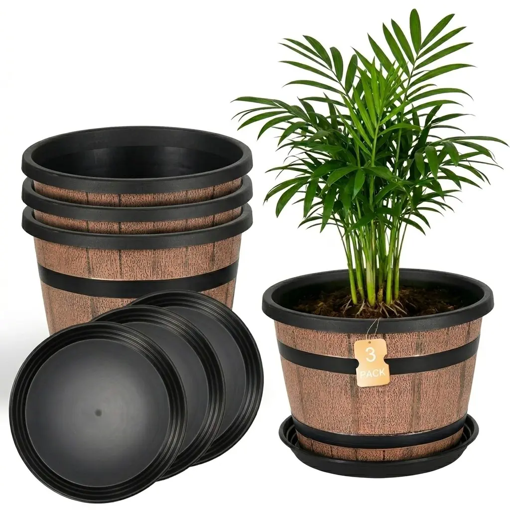 3 Piece Vintage Whiskey Barrel Planter Set with Tray, Plastic Flower Pots with Drain Holes, Indoor Outdoor Garden Decor, Large Round Planters, Outdoor Planters for Porch, Planters for Outdoor Plants, Planting Pots