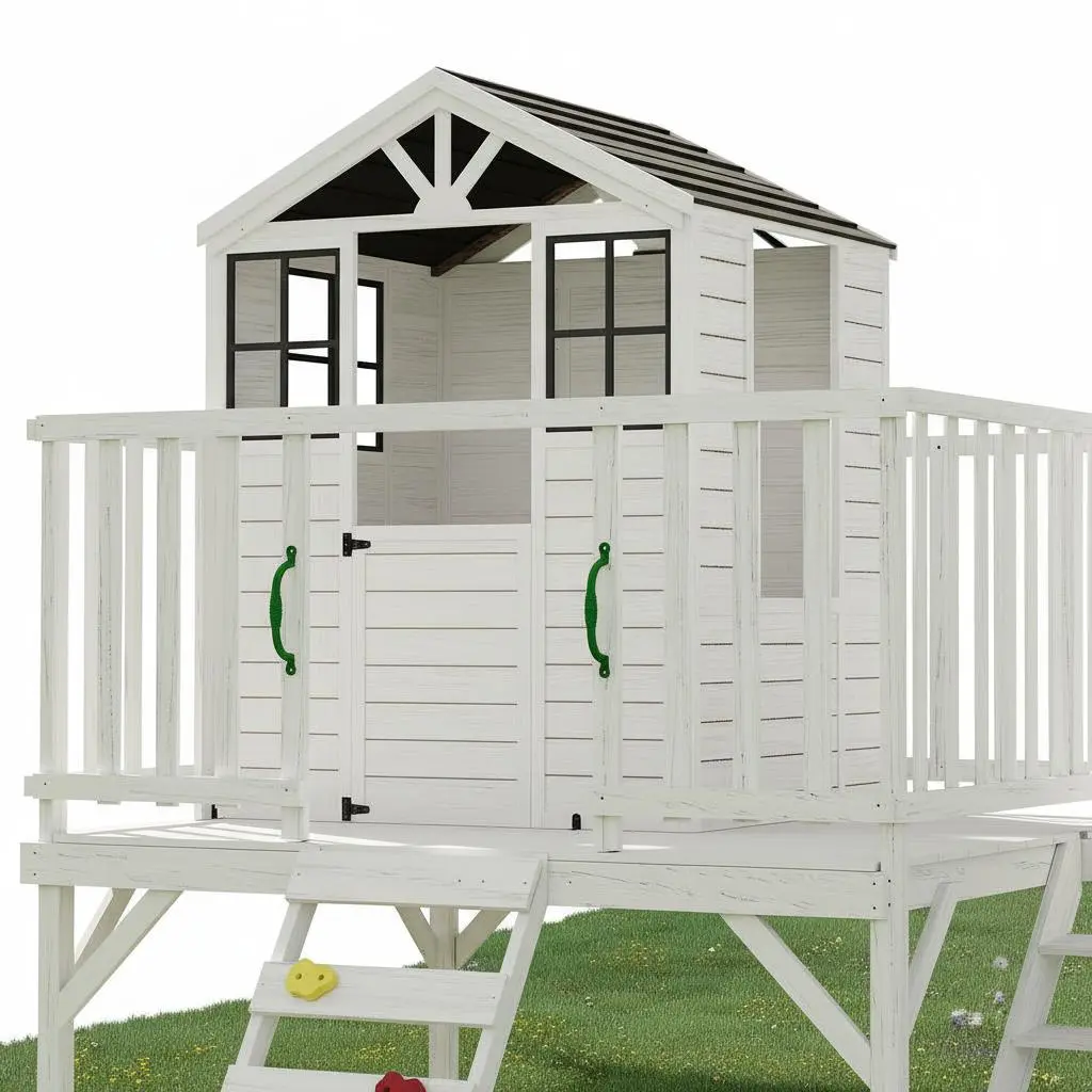 Elevated 2-Story Cedar Wooden Kids Playhouse – Outdoor Playground House with Climbing Wall, Step Ladder, Sandbox, Arch – Spacious Backyard Activity Center