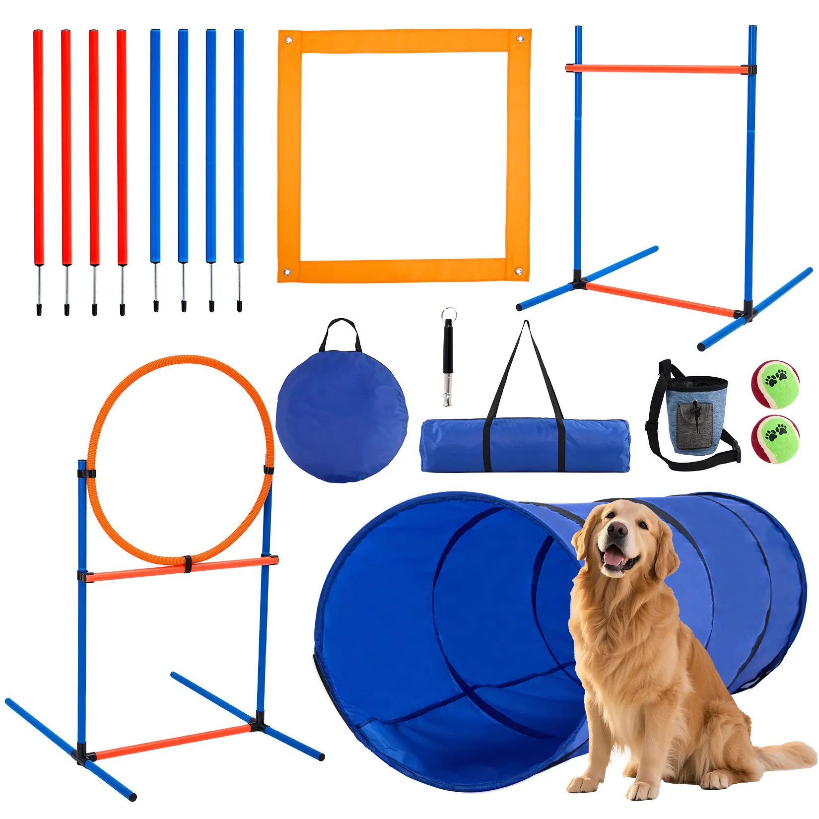 5-in-1 Dog Agility Training Set – Tunnel, Adjustable Jump, Weave Poles & Pause Box – Portable Obstacle Course – for Puppies & Adult Dogs