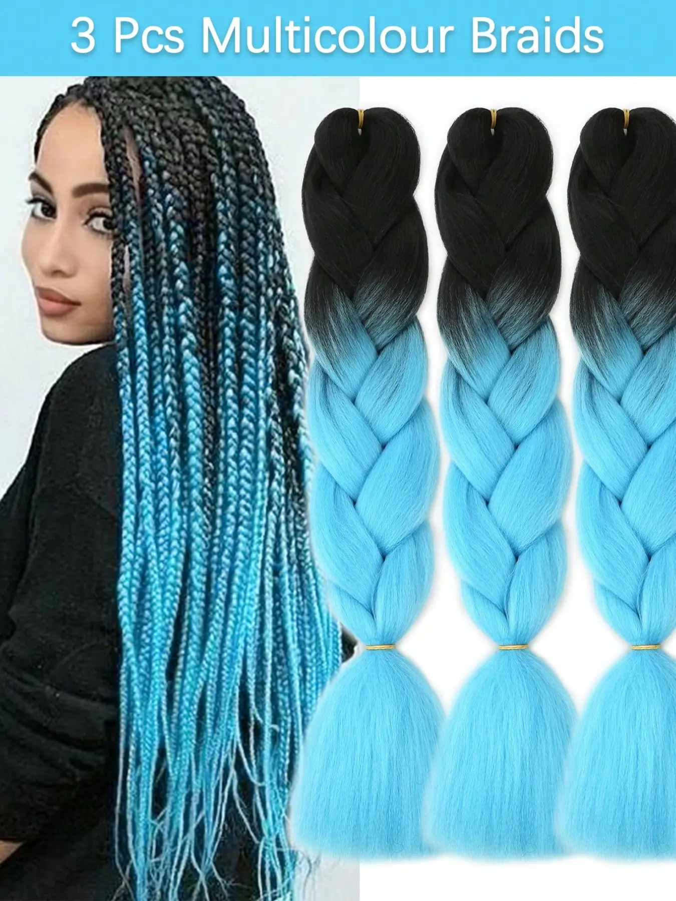 Braiding Hair Extension 24 Inch 3 Packs Synthetic Braids Profession Jumbo Braid in Hair Extensions Black Ombre Sky Blue Colored Hair Extensions for Women Braiding