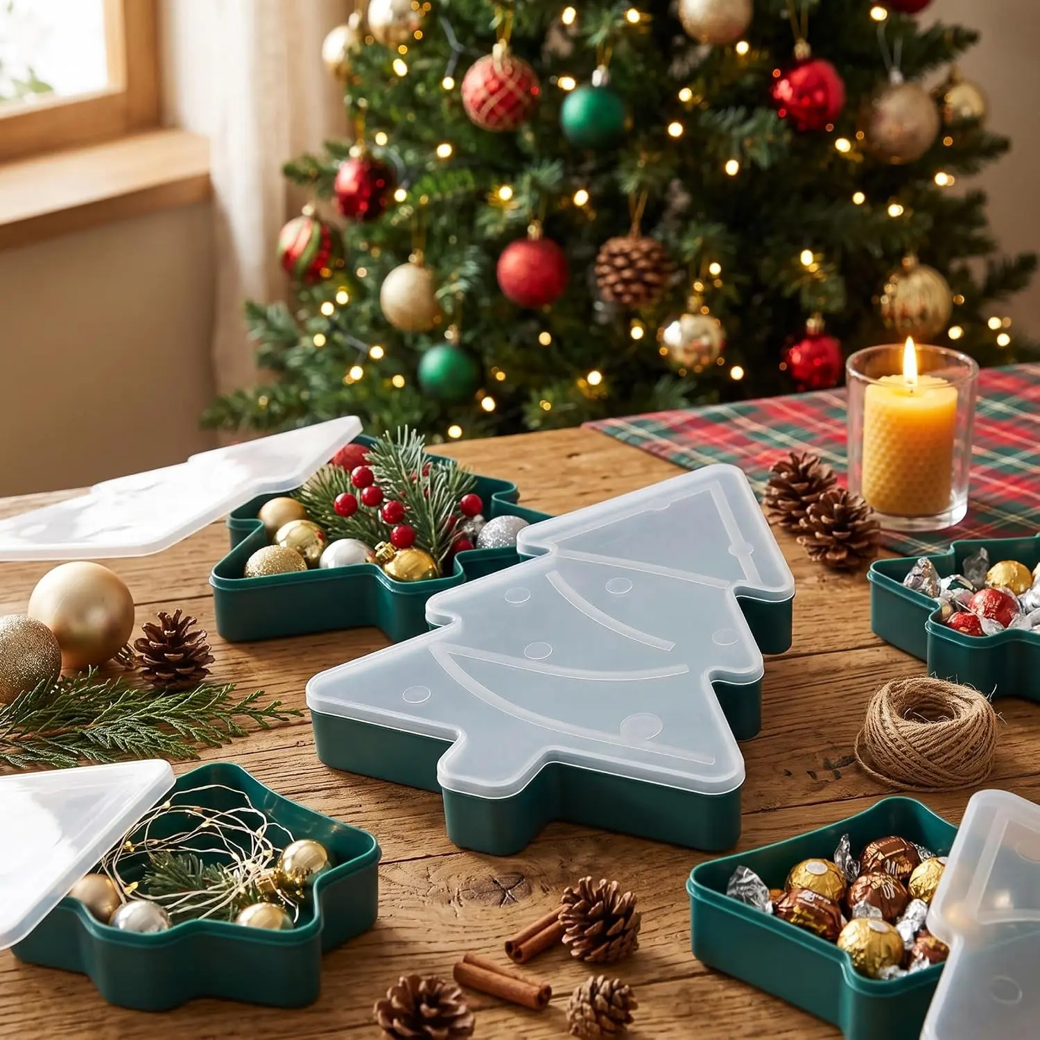Mini Christmas tree-shaped storage box, a Christmas plastic organizer box, suitable for storing Christmas decorations, crafts, and holiday ornaments. A perfect Christmas gift.