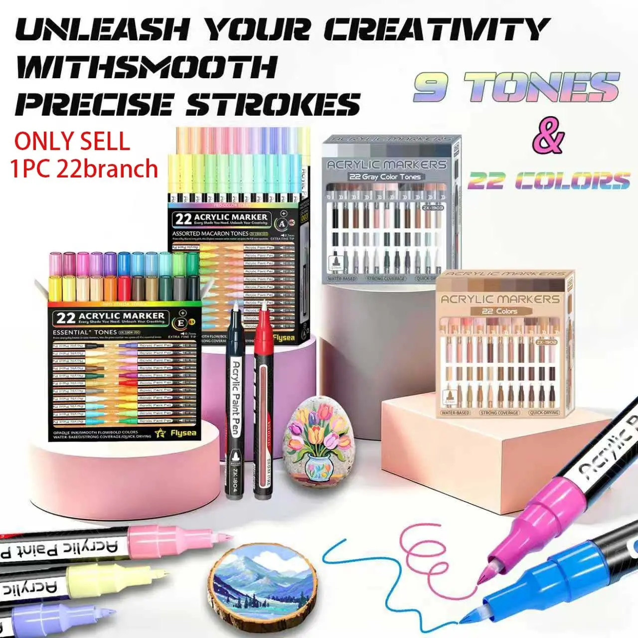 Flysea 22-Piece Acrylic Marker Pens, Gradient Colors, 0.7mm Fine Tip, Ideal for Detailed Drawing, Quick-Dry, Stain-Resistant, Versatile Use, Art Marker Pen