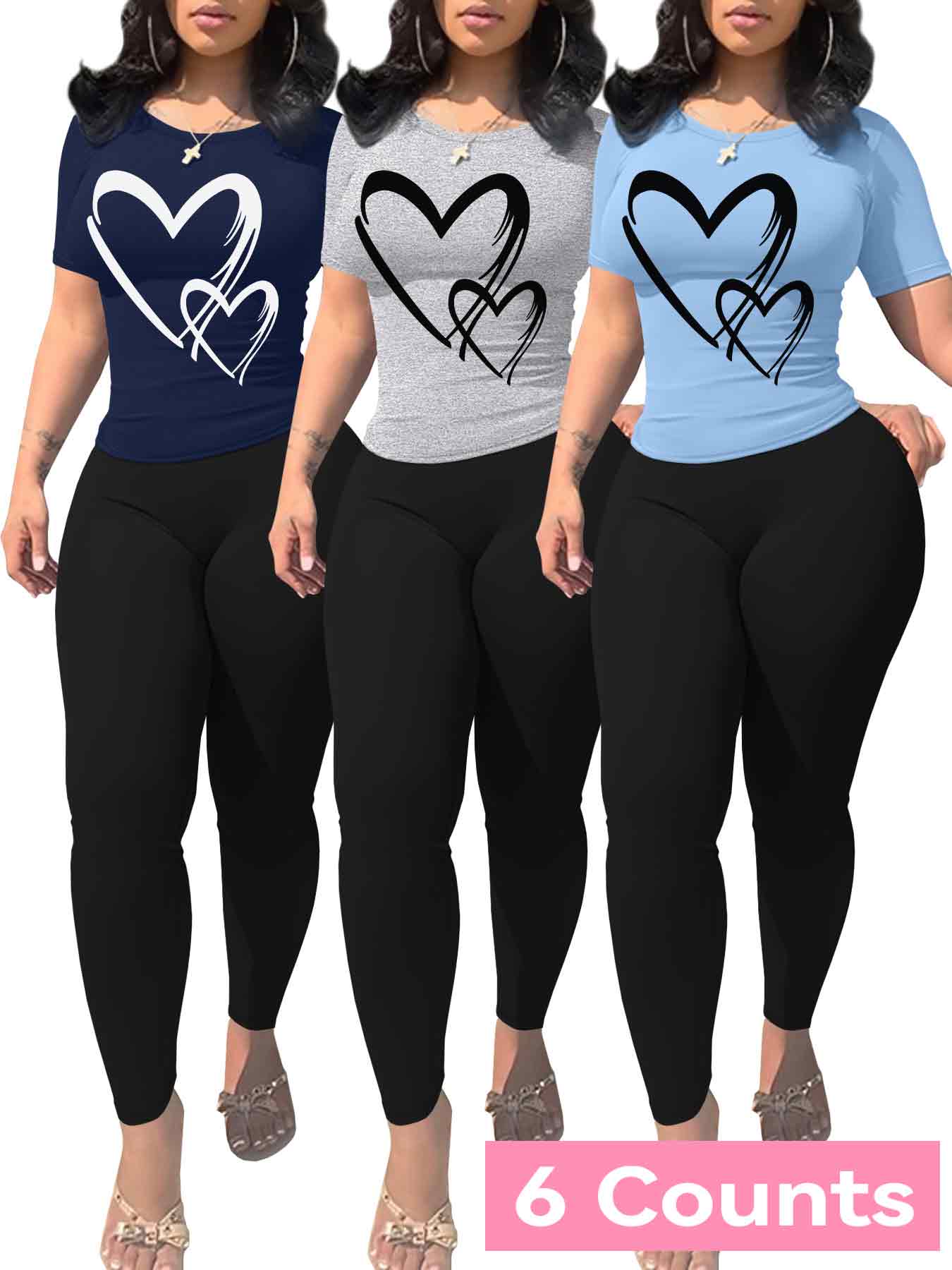 Women's Heart Print Crop Tee & Skinny Pants Set, Casual Short Sleeve T-shirt & Leggings, Ladies Summer Everyday Clothes for Daily Wear, Fit, Womenswear, Polish