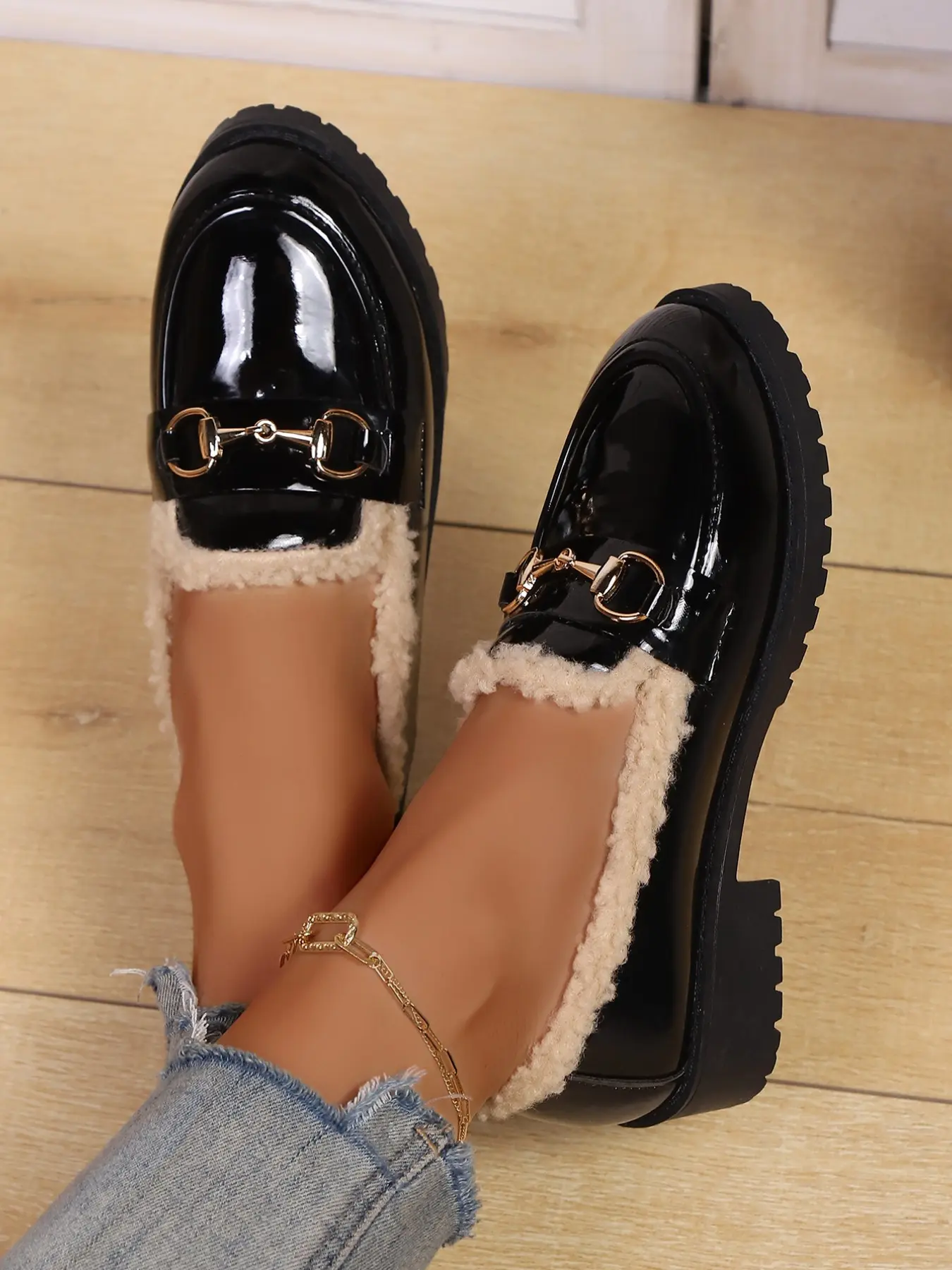 Winter New British Style Warm Fuzzy Loafers, Glossy Leather Metal Buckle, Thick Sole Chunky Heel, Sheepskin Lined Slip-On Shoes