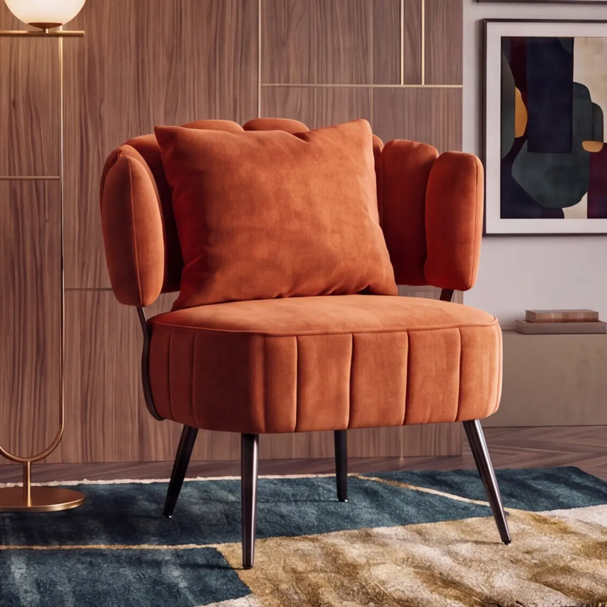 Decorative armchair with a spring seat cushion and slipcover, Chenille living room tub chair, comfortable modern sofa armchair, ideal for reading in small bedrooms, Orange