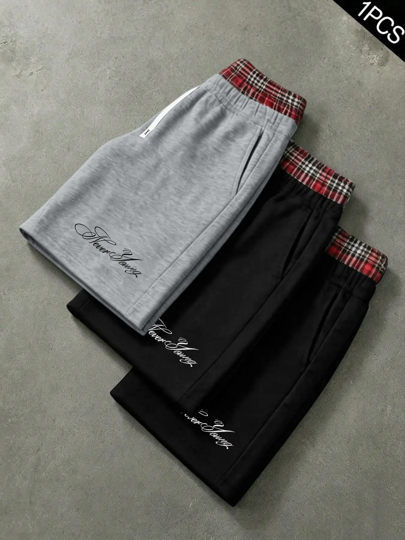 Men's Summer Comfortable Trendy Shorts, Handwritten Letter Print, Patchwork Plaid Waistband, Loose Fit, Casual Daily Wear